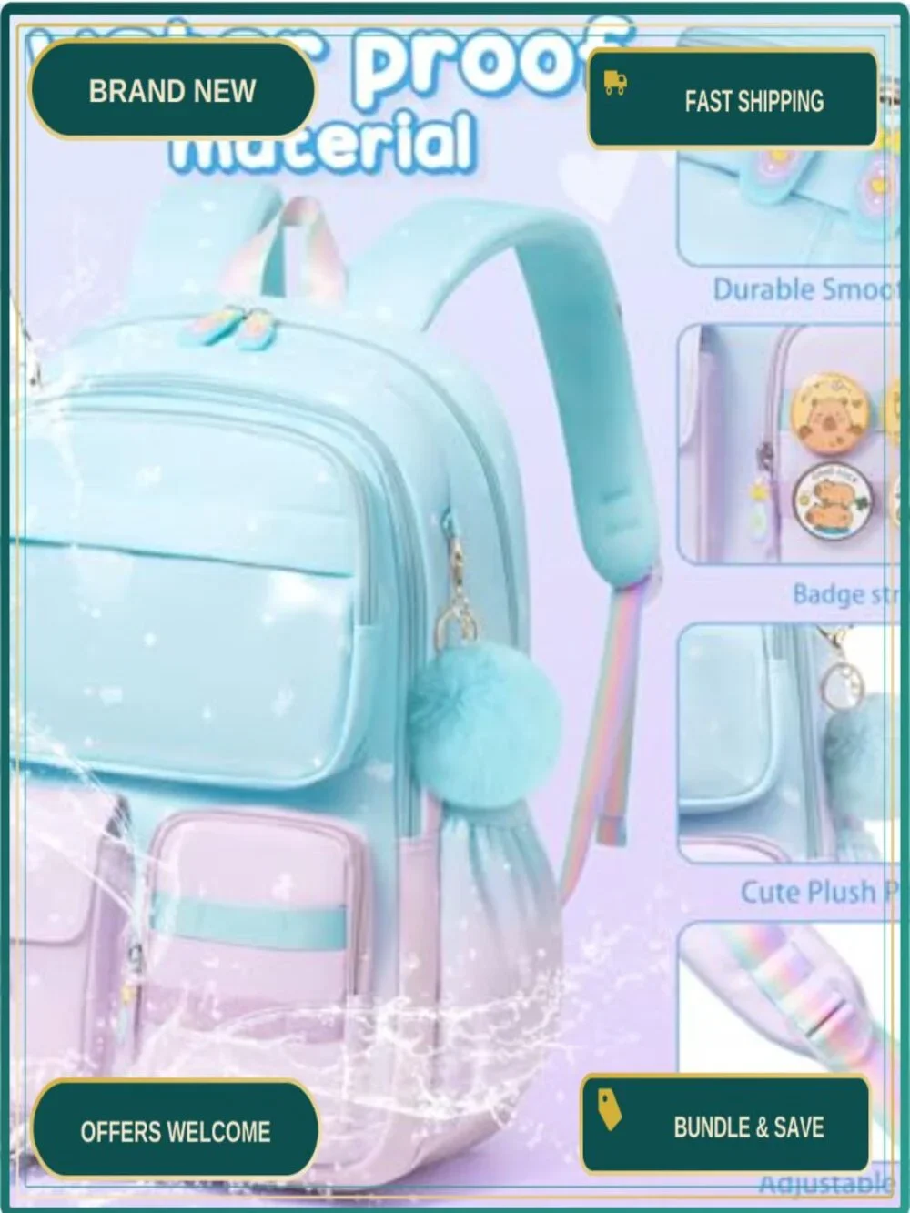 Girls Waterproof Backpack Set with Lunch Box & Pencil Case, 3 Pieces, Padded